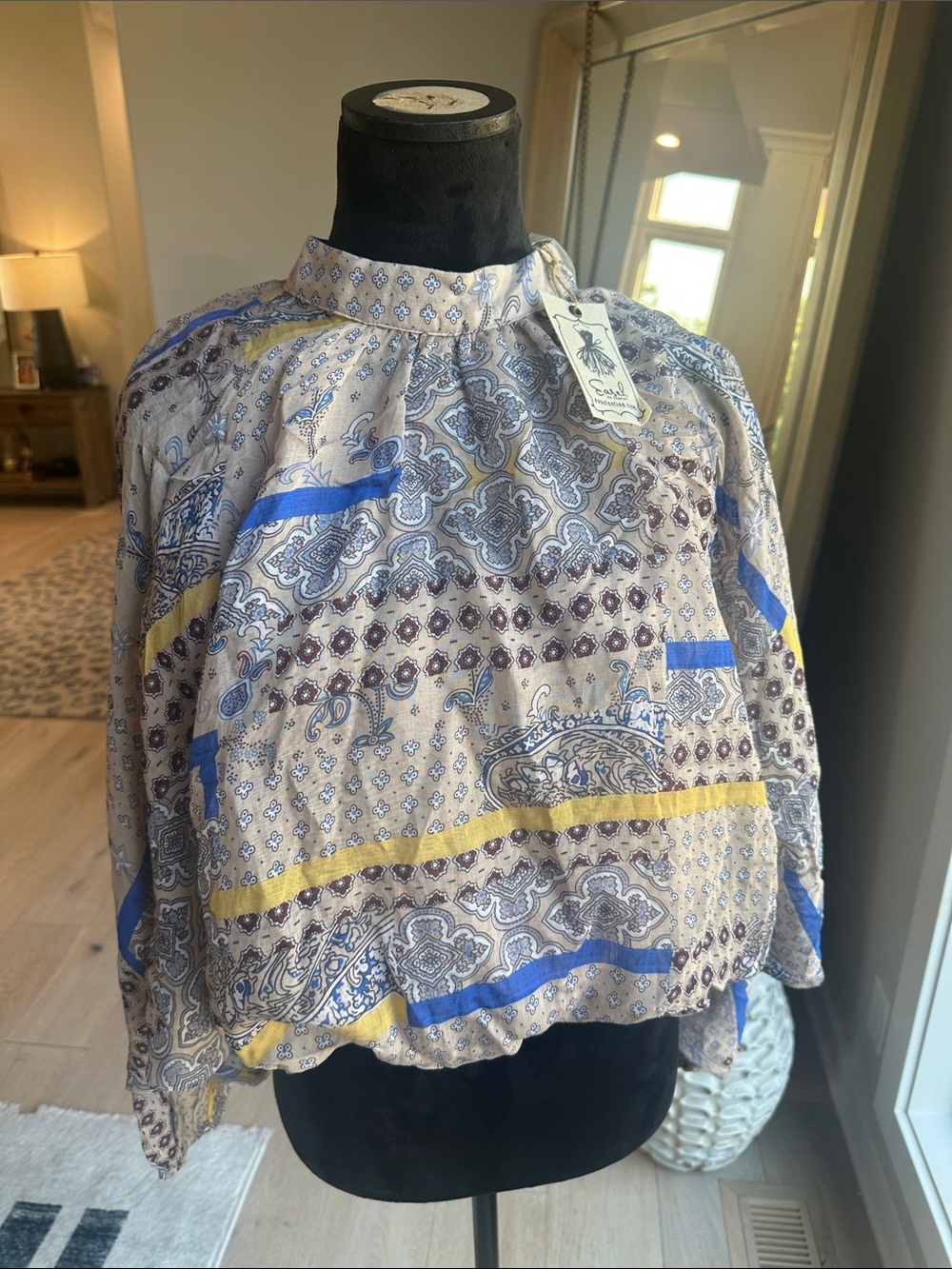 easel Paisley Print Blouse in Beige with Blue & Yellow Accents